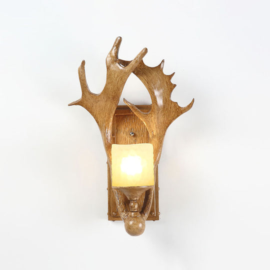 Retro Antler Resin Wall Mount Light With Frosted Glass Shade - 1-Light Brown Finish Ideal For Study