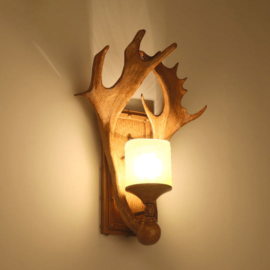 Retro Antler Resin Wall Mount Light With Frosted Glass Shade - 1-Light Brown Finish Ideal For Study