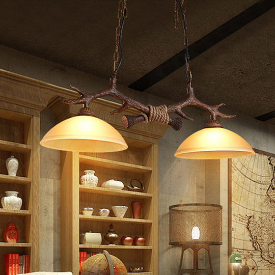 Beige Glass Dark Coffee Pendant Light With Antler Decor - Restaurant Hanging Island (2 Heads)