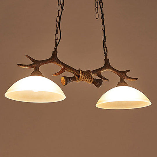 Beige Glass Dark Coffee Pendant Light With Antler Decor - Restaurant Hanging Island (2 Heads)