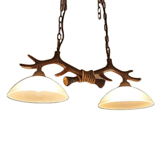 Beige Glass Dark Coffee Pendant Light With Antler Decor - Restaurant Hanging Island (2 Heads)