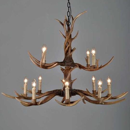 Brown Resin Chandelier Light Fixture - Traditional Antler Ceiling Lighting For Living Room