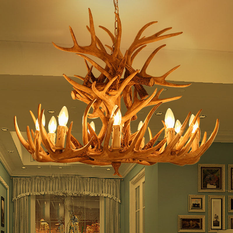 Rustic Deer Horn Chandelier For Living Room - Resin Suspension Lighting Fixture