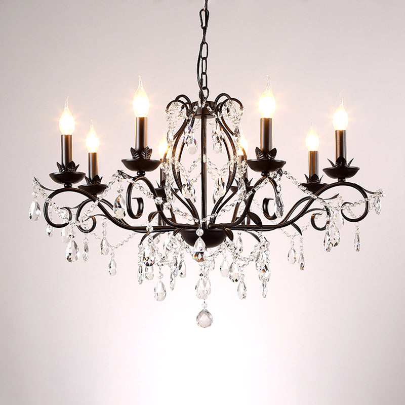 Lustre traditionnel en métal noir à 6 ou 8 ampoules avec accents en cristal