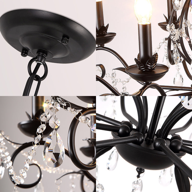 Lustre traditionnel en métal noir à 6 ou 8 ampoules avec accents en cristal