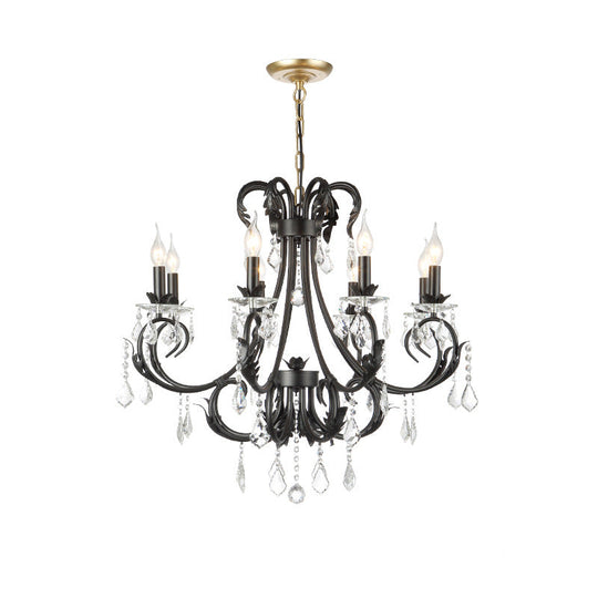 Lustre à bougies noires avec gouttes de cristal - Lampe suspendue de plafond traditionnelle (6/8 lumières)