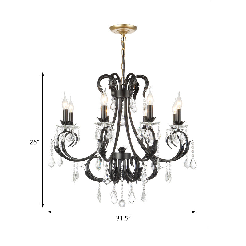 Lustre à bougies noires avec gouttes de cristal - Lampe suspendue de plafond traditionnelle (6/8 lumières)