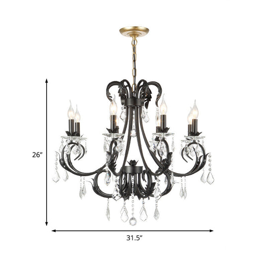 Lustre à bougies noires avec gouttes de cristal - Lampe suspendue de plafond traditionnelle (6/8 lumières)