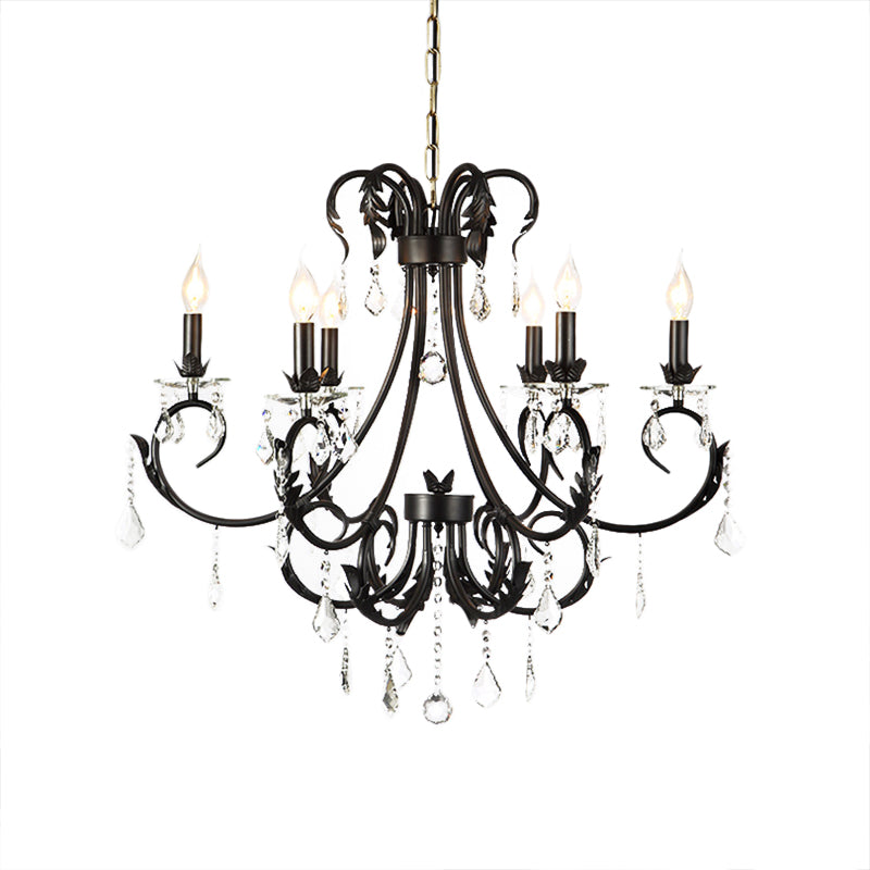 Black Metal Chandelier Lamp With Crystal Drops - Traditional Candle Ceiling Pendant (6/8 Lights)