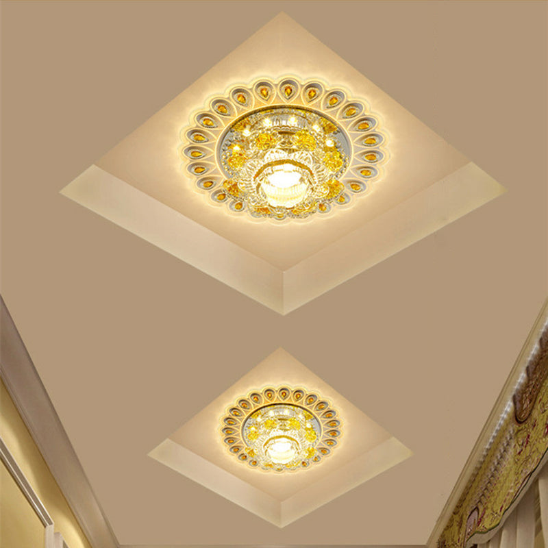 Yellow Floral Led Crystal Flush Mount For Entryway Ceiling