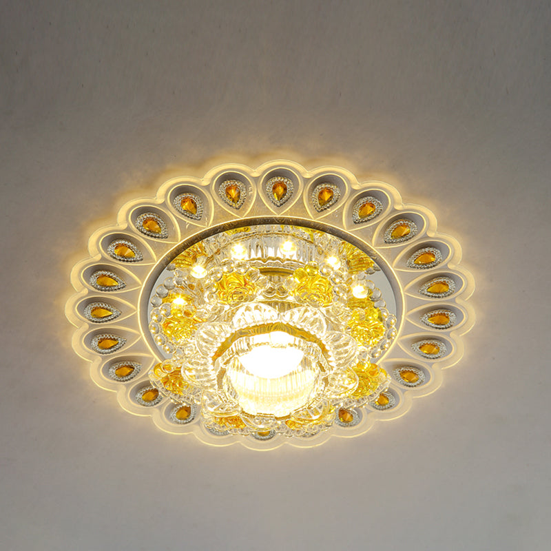 Yellow Floral Led Crystal Flush Mount For Entryway Ceiling / Warm