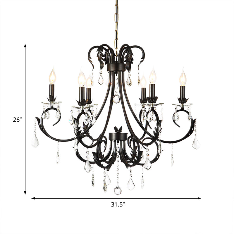 Black Metal Chandelier Lamp With Crystal Drops - Traditional Candle Ceiling Pendant (6/8 Lights)