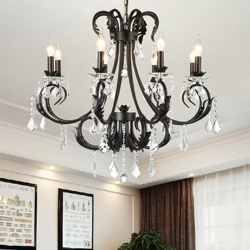 Black Metal Chandelier Lamp With Crystal Drops - Traditional Candle Ceiling Pendant (6/8 Lights)