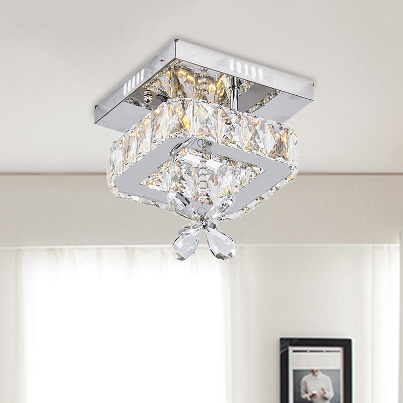 Cubic Crystal LED Bedroom Ceiling Light Fixture - 8"/12" Width - Semi Flush Mount - Chrome Finish