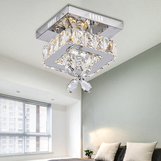 Cubic Crystal LED Bedroom Ceiling Light Fixture - 8"/12" Width - Semi Flush Mount - Chrome Finish