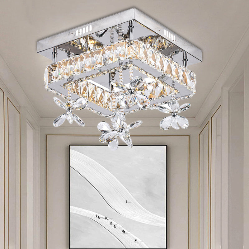 Cubic Crystal LED Bedroom Ceiling Light Fixture - 8"/12" Width - Semi Flush Mount - Chrome Finish