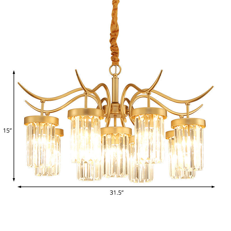 Lustre cylindrique en cristal moderne avec finition en laiton - Plafonnier suspendu à tête 7/9