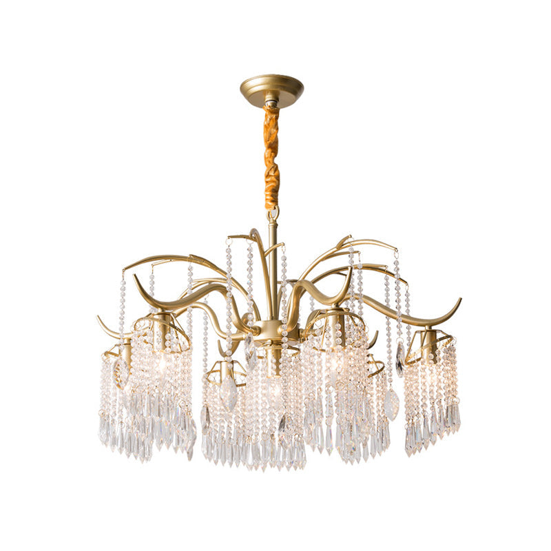 Contemporary Beaded Crystal Chandelier - 3/7 Lights Brass Ceiling Pendant For Bedrooms