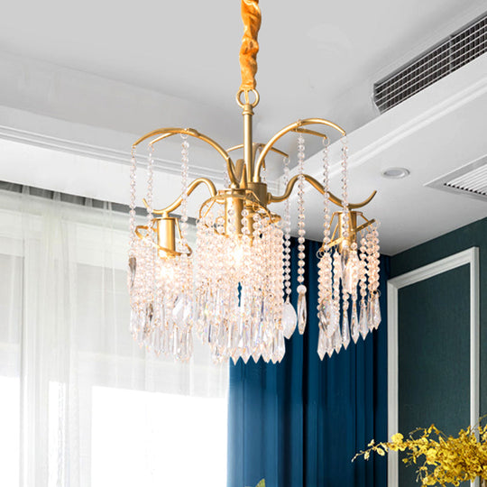 Contemporary Beaded Crystal Chandelier - 3/7 Lights Brass Ceiling Pendant For Bedrooms