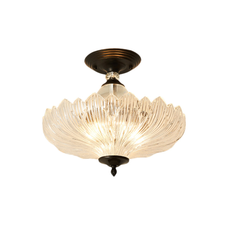 Modern Ribbed Glass Semi Flush Mount Light In Black/Gold - 12/16 Diameter 1 Crystal Ceiling Lamp