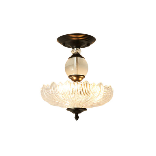 Modern Ribbed Glass Semi Flush Mount Light In Black/Gold - 12/16 Diameter 1 Crystal Ceiling Lamp