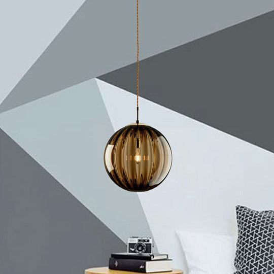 Modern Glass Pumpkin Ball Pendant Light Fixture - 1-Light Hanging For Dining Room Amber