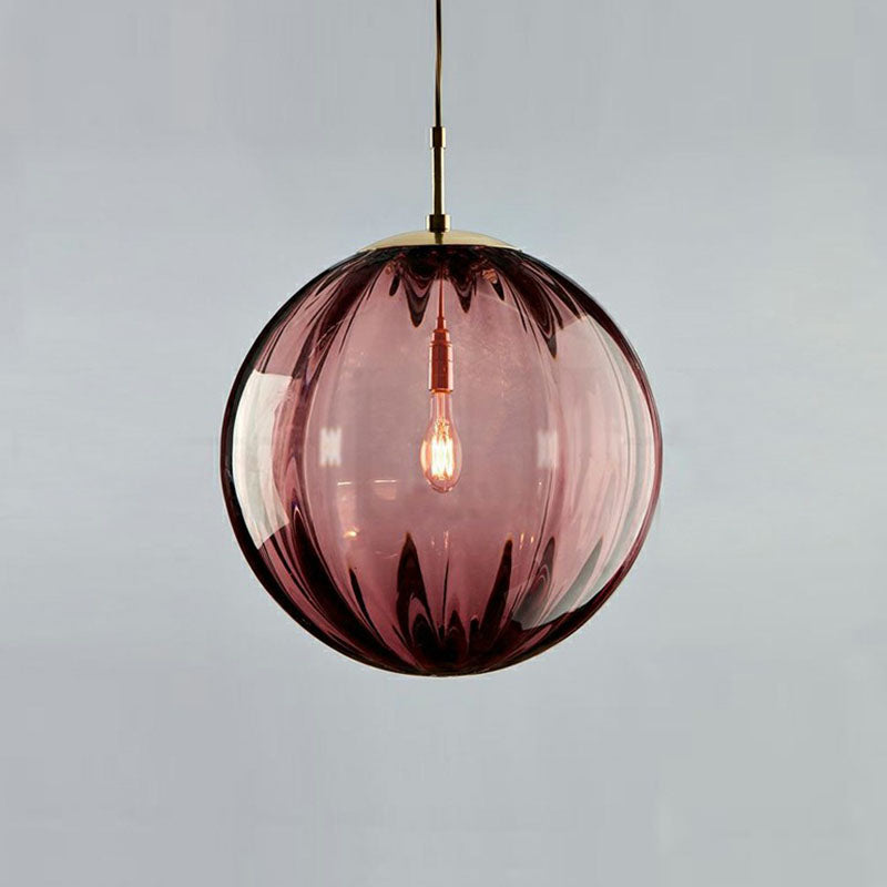 Modern Glass Pumpkin Ball Pendant Light Fixture - 1-Light Hanging For Dining Room Purple