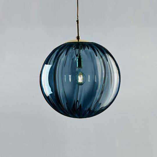 Modern Glass Pumpkin Ball Pendant Light Fixture - 1-Light Hanging For Dining Room Blue