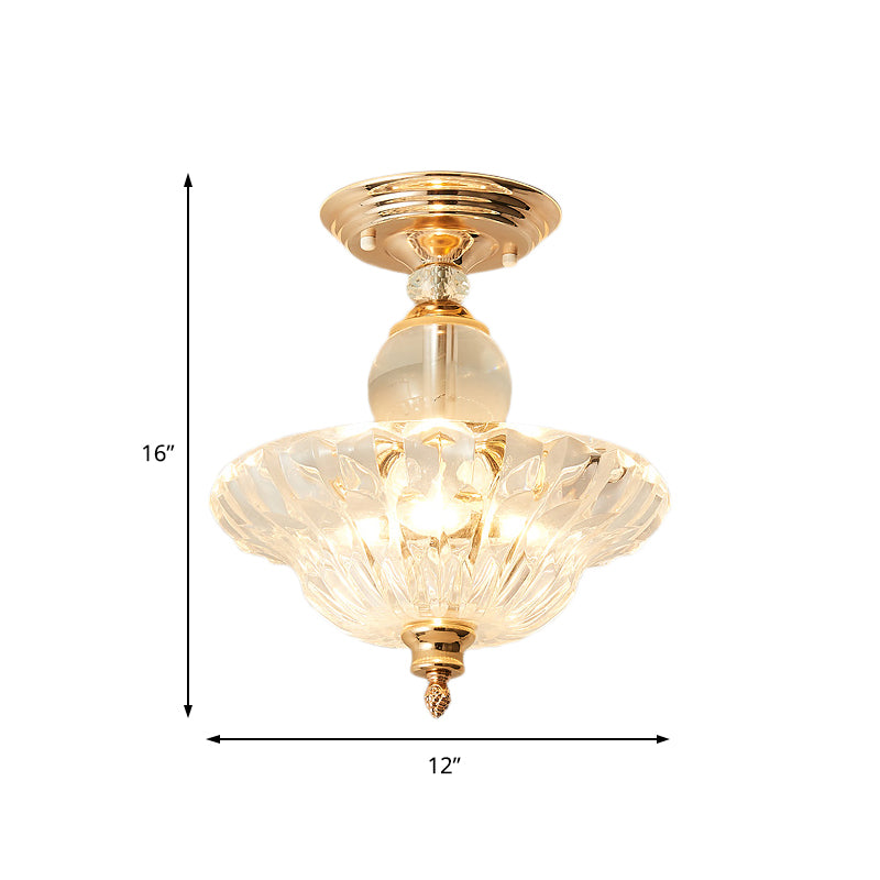 Modern Ribbed Glass Semi Flush Mount Light In Black/Gold - 12/16 Diameter 1 Crystal Ceiling Lamp