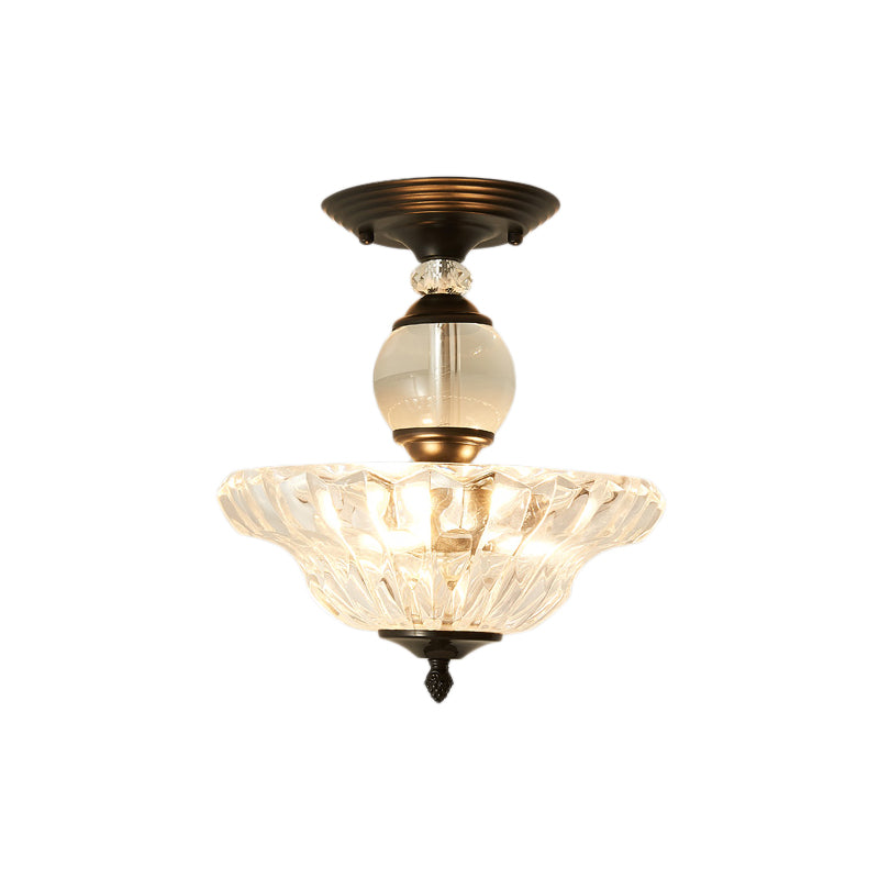 Modern Ribbed Glass Semi Flush Mount Light In Black/Gold - 12/16 Diameter 1 Crystal Ceiling Lamp