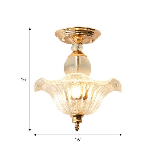 Modern Ribbed Glass Semi Flush Mount Light In Black/Gold - 12/16 Diameter 1 Crystal Ceiling Lamp