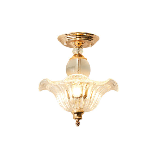 Modern Ribbed Glass Semi Flush Mount Light In Black/Gold - 12/16 Diameter 1 Crystal Ceiling Lamp