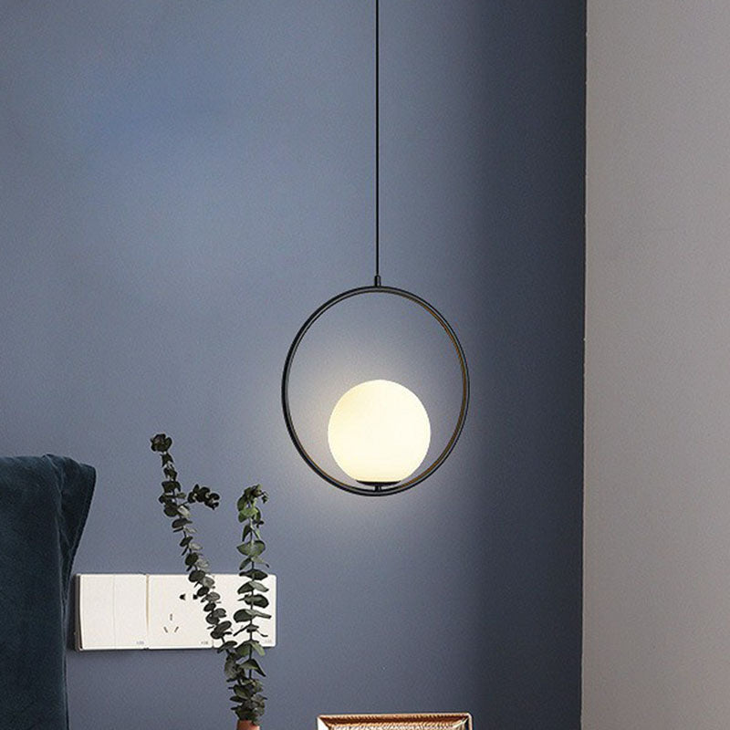 White Glass Pendant Light with Metal Ring - Simple Ball Ceiling Lamp