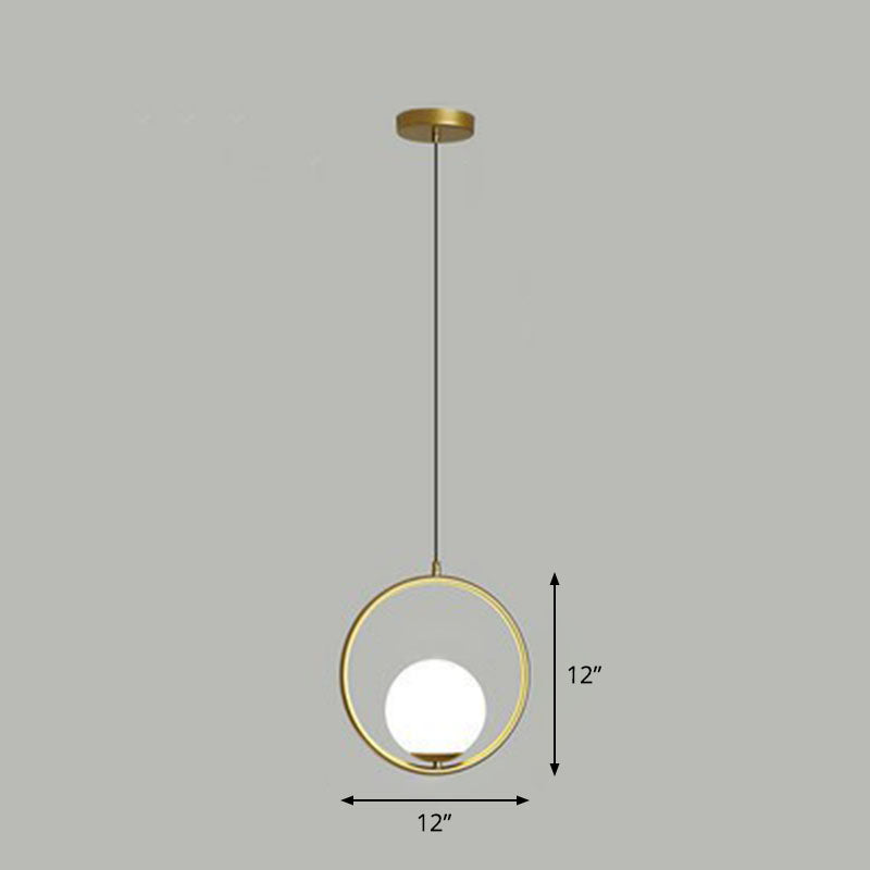 White Glass Pendant Light with Metal Ring - Simple Ball Ceiling Lamp