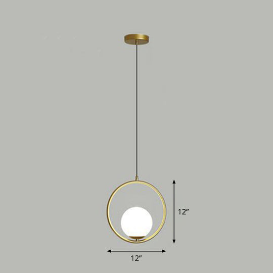 White Glass Pendant Light with Metal Ring - Simple Ball Ceiling Lamp