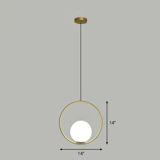 White Glass Pendant Light with Metal Ring - Simple Ball Ceiling Lamp