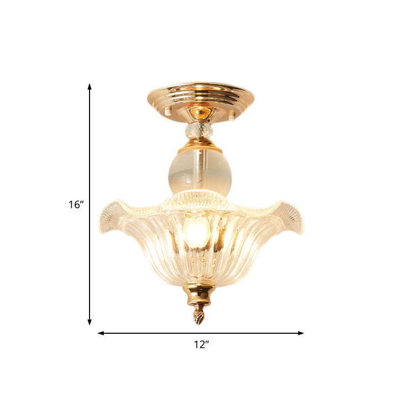 Modern Ribbed Glass Semi Flush Mount Light In Black/Gold - 12/16 Diameter 1 Crystal Ceiling Lamp