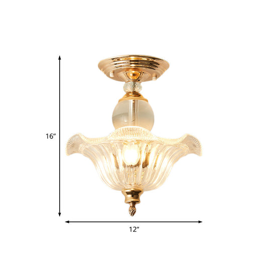 Modern Ribbed Glass Semi Flush Mount Light In Black/Gold - 12/16 Diameter 1 Crystal Ceiling Lamp