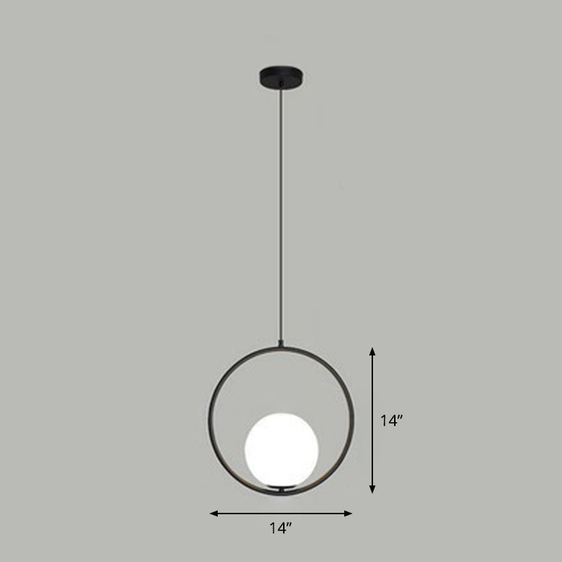 Simple White Glass Pendant Light With Metal Ring - Ball Ceiling Lamp Black / 14