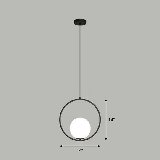 Simple White Glass Pendant Light With Metal Ring - Ball Ceiling Lamp Black / 14