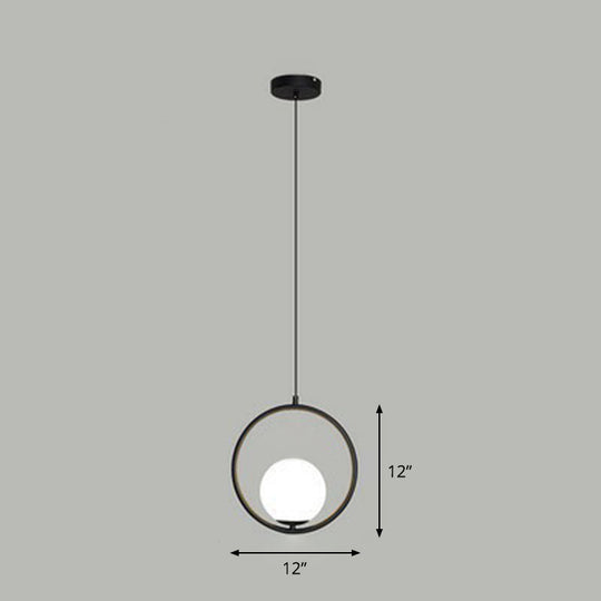 White Glass Pendant Light with Metal Ring - Simple Ball Ceiling Lamp