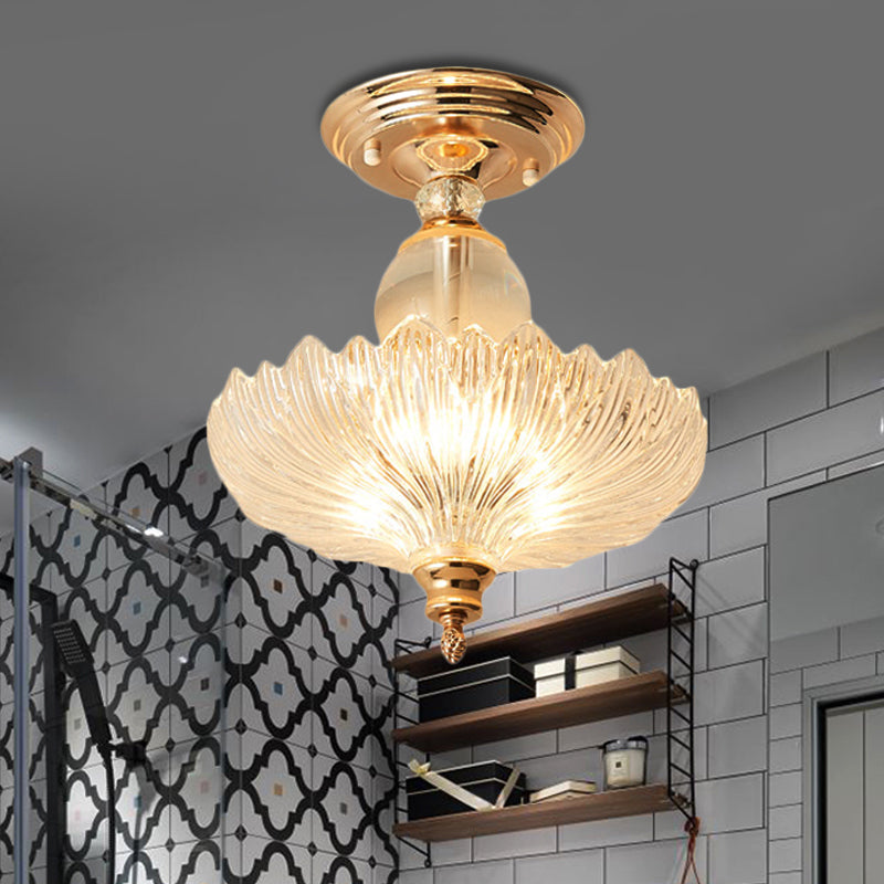 Modern Ribbed Glass Semi Flush Mount Light In Black/Gold - 12/16 Diameter 1 Crystal Ceiling Lamp