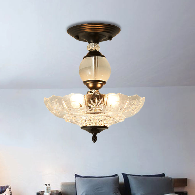 Modern Ribbed Glass Semi Flush Mount Light In Black/Gold - 12/16 Diameter 1 Crystal Ceiling Lamp