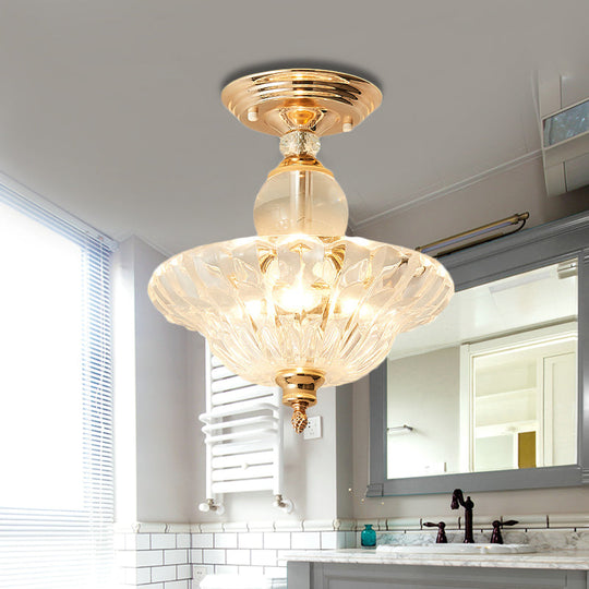 Modern Ribbed Glass Semi Flush Mount Light In Black/Gold - 12/16 Diameter 1 Crystal Ceiling Lamp