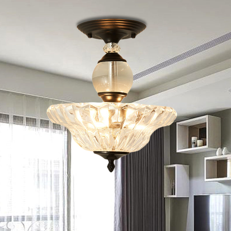 Modern Ribbed Glass Semi Flush Mount Light In Black/Gold - 12/16 Diameter 1 Crystal Ceiling Lamp