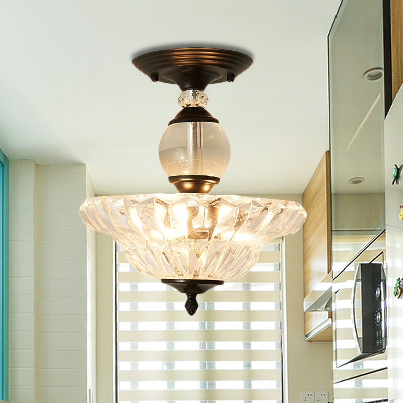 Modern Ribbed Glass Semi Flush Mount Light In Black/Gold - 12/16 Diameter 1 Crystal Ceiling Lamp