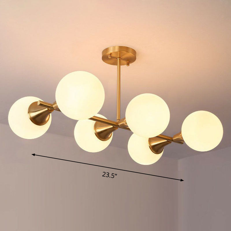 Brass Finish 6-Light Postmodern Linear Island Pendant With Glass Ball Shade White