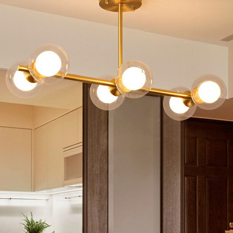 Brass Finish 6-Light Postmodern Linear Island Pendant With Glass Ball Shade