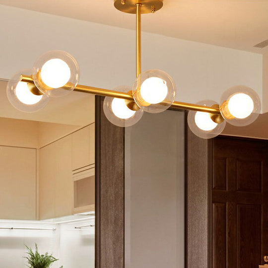 Brass Finish 6-Light Postmodern Linear Island Pendant With Glass Ball Shade