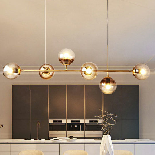 6-Light Linear Dining Room Island Pendant With Postmodern Metallic Finish And Glass Ball Shades